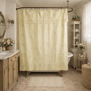 Vintage Pastel Yellow Floral Embroidered Ribbon Curtain Shower Panel 65w x 70h”
